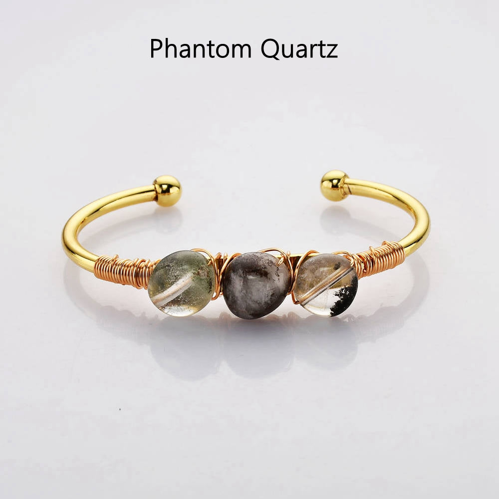 phantom quartz bracelet Gold Plated Brass Wire Wrap Gemstone Bangle Bracelet Healing Crystal Stone Bracelet Handmade Boho Jewelry WX2075