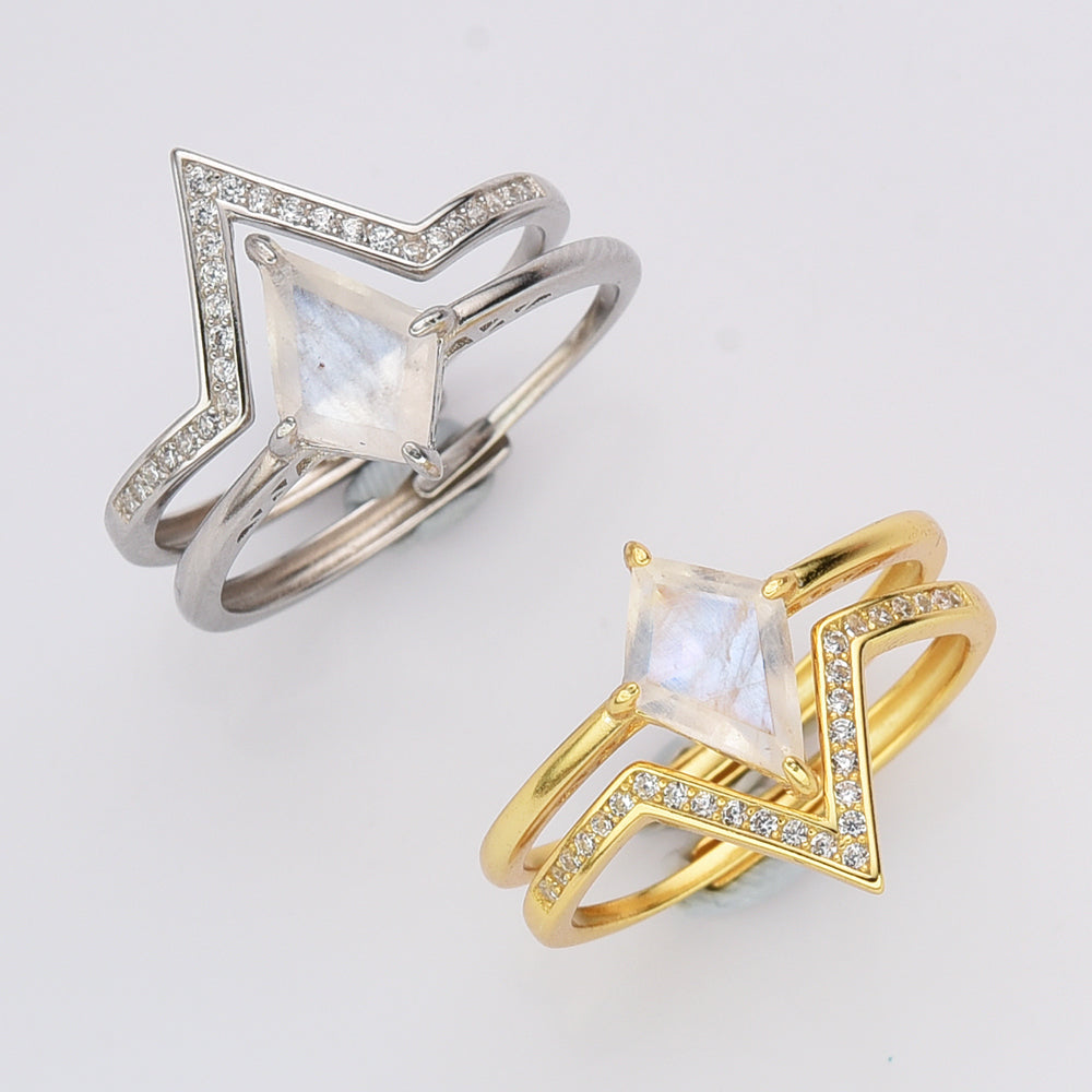 Set of 925 Sterling Silver Moonstone CZ Rings, Adjustable Size, Diamond Moonstone Ring, V Shape CZ Ring, Wholesale Supply LM020