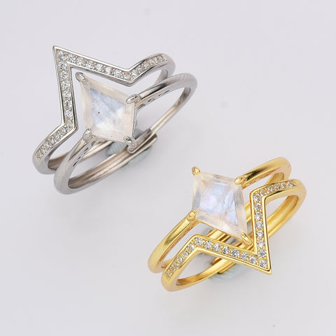 Set of 925 Sterling Silver Moonstone CZ Rings, Adjustable Size, Diamond Moonstone Ring, V Shape CZ Ring SS242