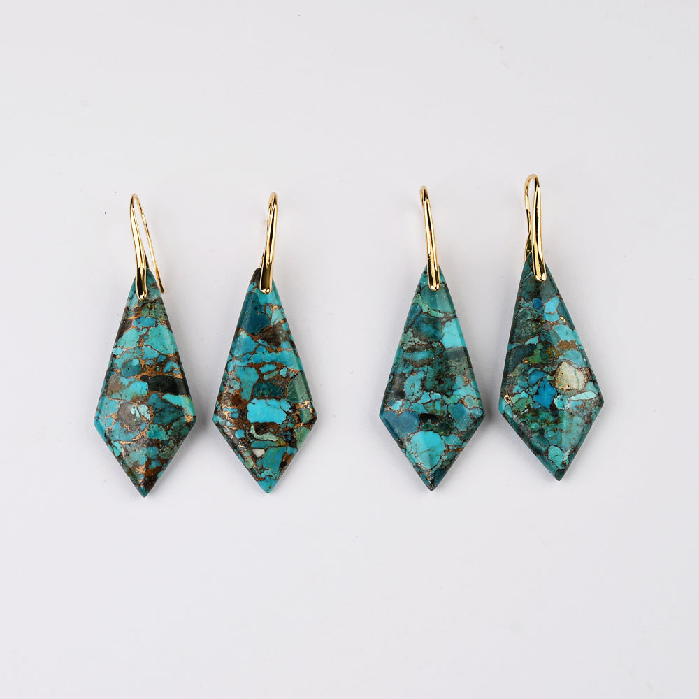 Gold Long Diamond Shape Copper Turquoise Dangle Earrings G2078-3