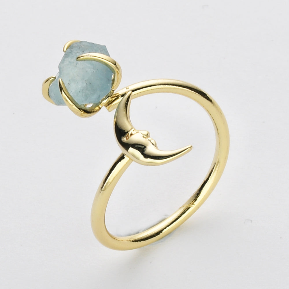 Raw Natural Crystal Moon Face Ring, Adjustable, Double Gemstone Ring, Birthstone Ring, Healing Jewelry ZG0487 Aquamarine Ring