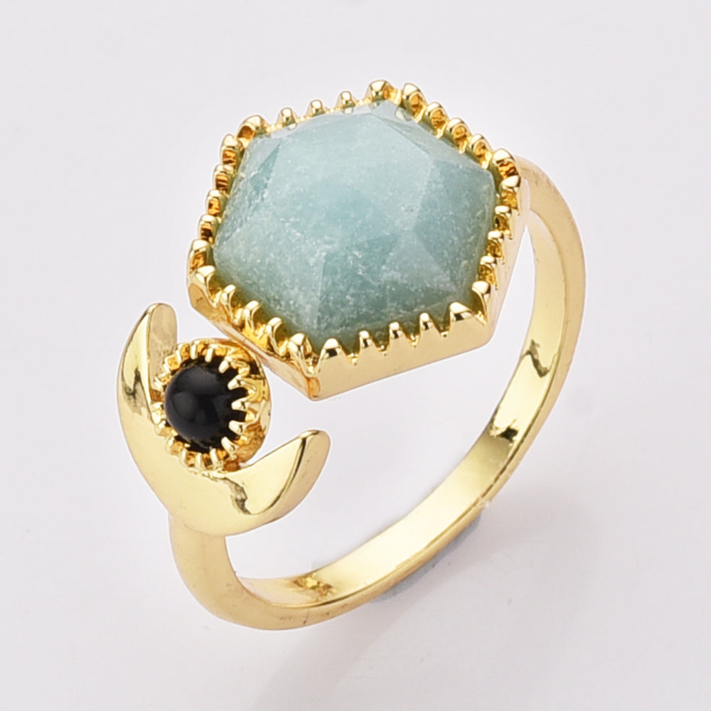 Hexagon Amazonite Ring, Gold Plated Brass Gemstone Faceted Ring, Adjustable Open Ring, Natural Crystal Jewelry WX2195