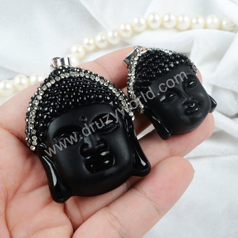 Big Frosted Black Obsidian Carved Buddha Head Rhinestone Pendant Bead JAB343