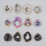 Gold Plated Natural Crystal Quartz Titanium AB White Druzy Geode Slice Connector G1016