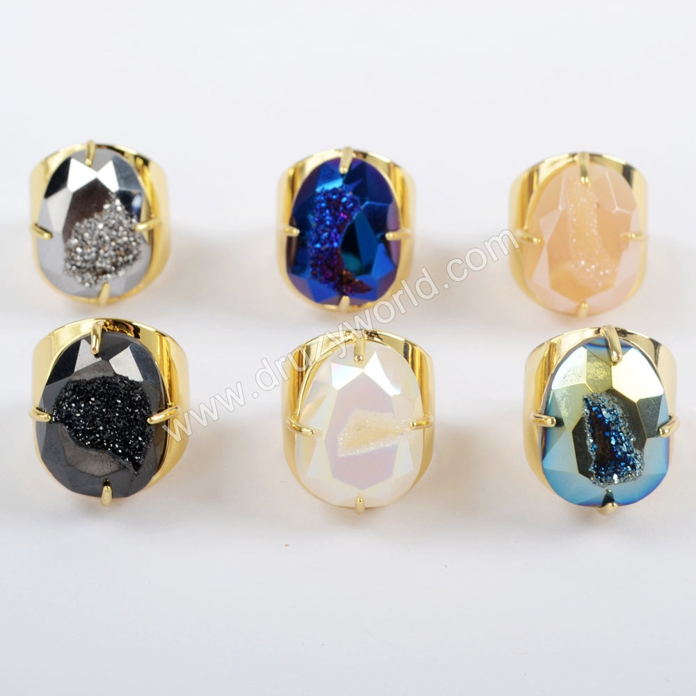 Egg Shape Gold Plated Claw Rainbow Titanium Druzy Faceted Ring ZG0312