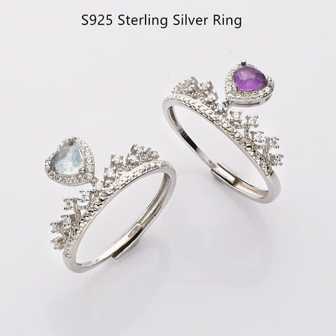 S925 Sterling Silver CZ Crown Gemstone Heart Ring, Healing Crystal Jewelry SS210RS