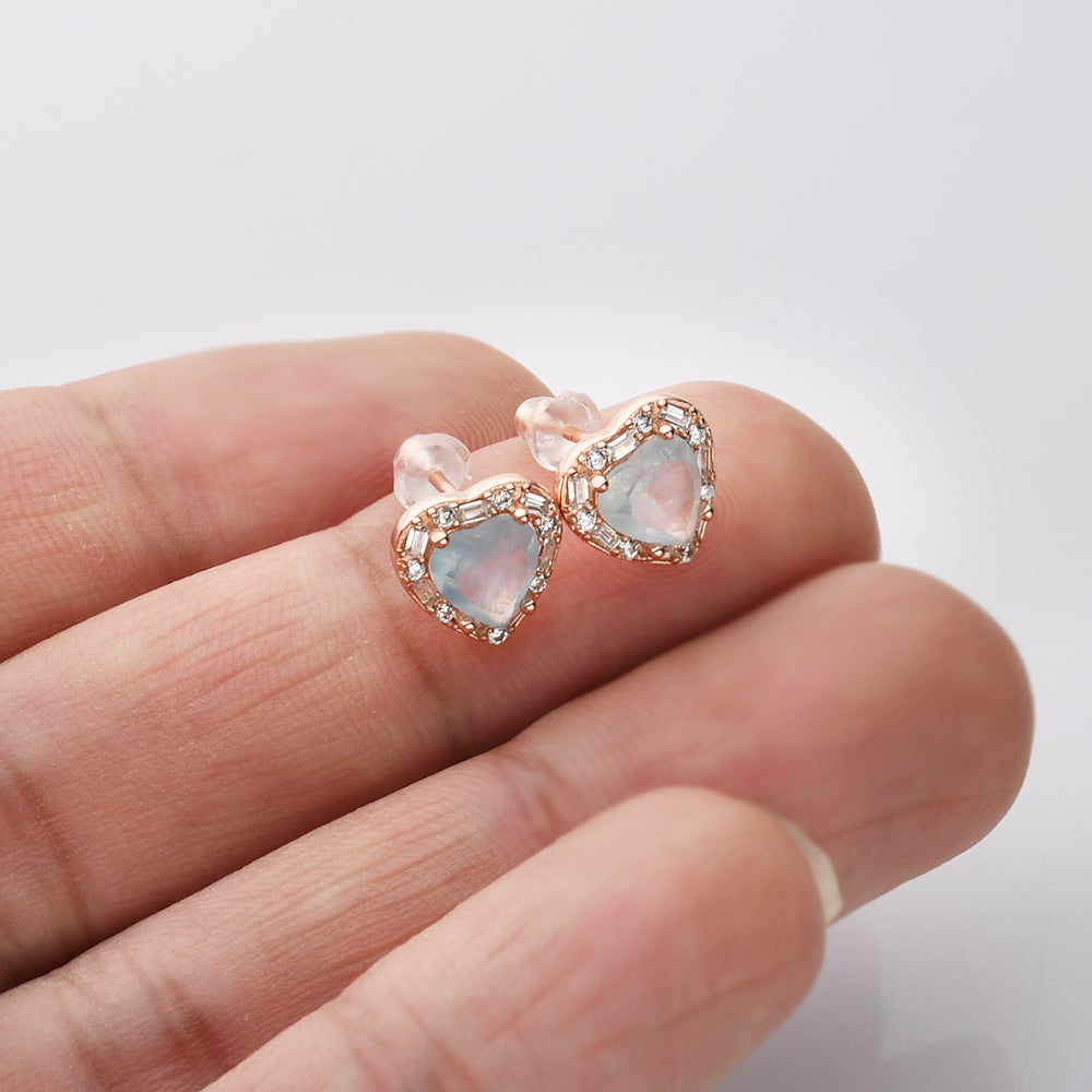 S925 Sterling Silver Rose Gold CZ Heart Gemstone Stud Earrings, Healing Crystal Amethyst Aquamarine Rose Quartz Moonstone Jewelry, Dainty Earrings SS215