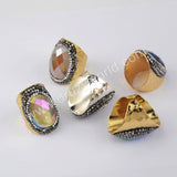 Rhinestone Pave Titanium Rainbow Aura Crystal Quartz Faceted Gold Band Ring JAB972