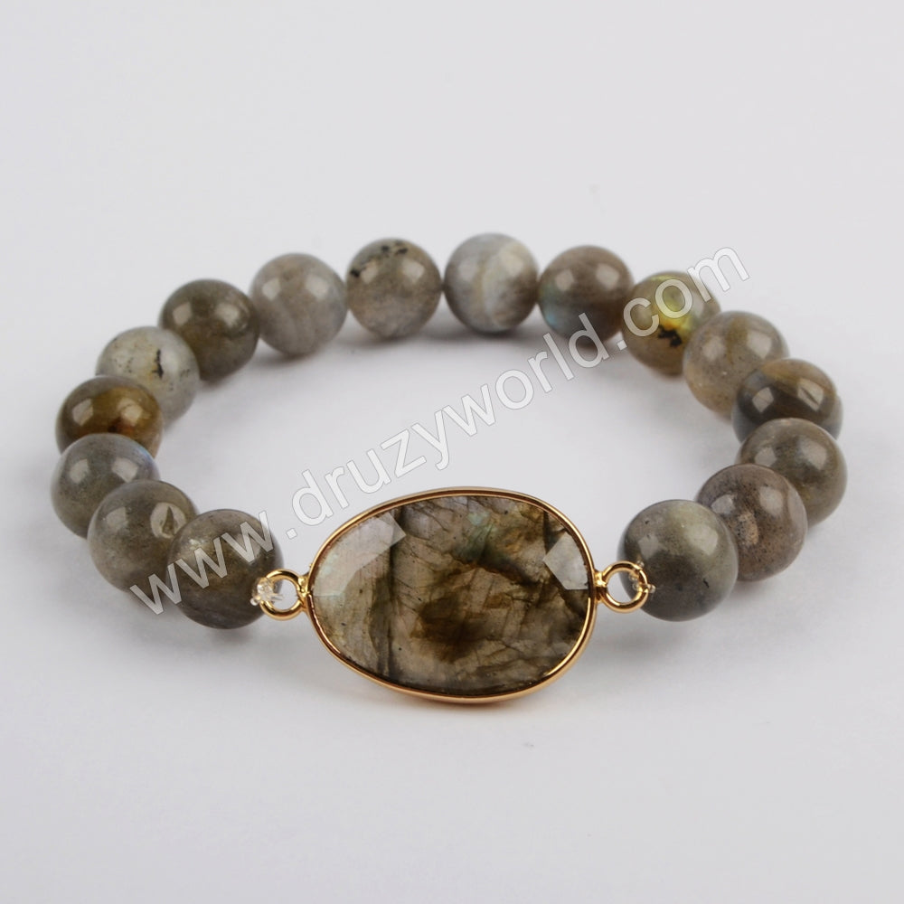 Gold Plated Faceted Amazon Labradorite Moonstone Beads Stone Bracelet With 10mm Beads G1876
