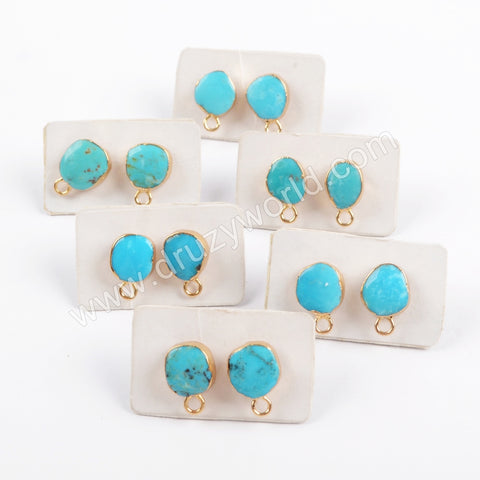 Gold Plated Natural Turquoise Gemstone Stud Earrings With Loop For Dangle Jewelry Making G1709