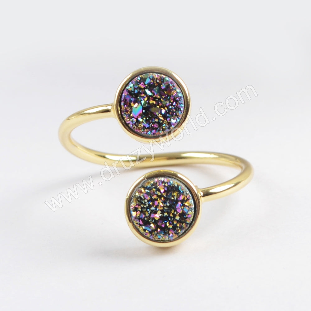 Round Gold Plated Double Natural Agate Titanium Rainbow Druzy Ring ZG0363