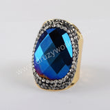 Rhinestone Pave Titanium Rainbow Aura Crystal Quartz Faceted Gold Band Ring JAB972