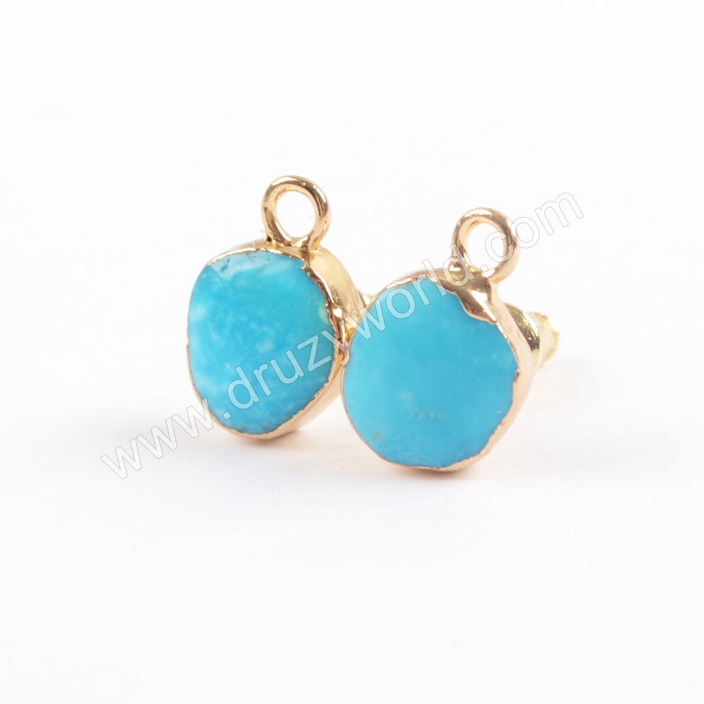 Gold Plated Natural Real Turquoise Stud Earrings With Loops G1709 For Dangle Earrings Making Genuine Turquoise Post Earrings Gemstone Jewelry 