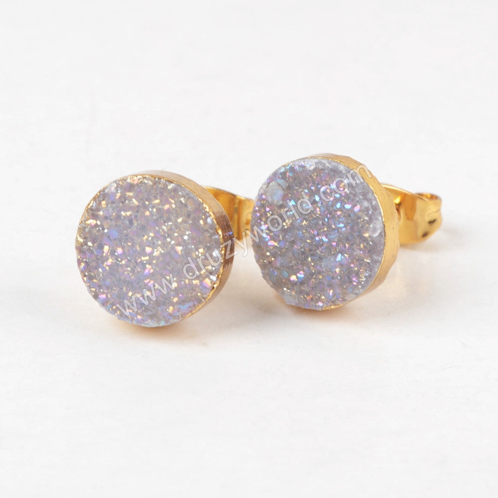 Round Shape Titanium AB Druzy Stud Earrings Gold Plated, 10mm Drusy Crystal Jewelry Earring G1278