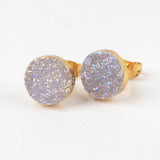 10mm Round Gold Plated Natural Agate Titanium Rainbow Druzy Stud Earrings G1278