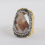 Rhinestone Pave Titanium Rainbow Aura Crystal Quartz Faceted Gold Band Ring JAB972