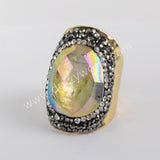 Rhinestone Pave Titanium Rainbow Aura Crystal Quartz Faceted Gold Band Ring JAB972