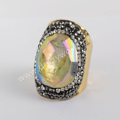 Rhinestone Pave Titanium Rainbow Aura Crystal Quartz Faceted Gold Band Ring JAB972