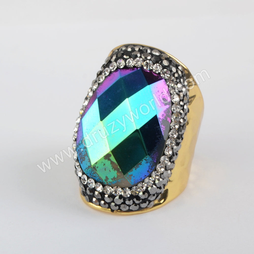 Rhinestone Pave Titanium Rainbow Aura Crystal Quartz Faceted Gold Band Ring JAB972