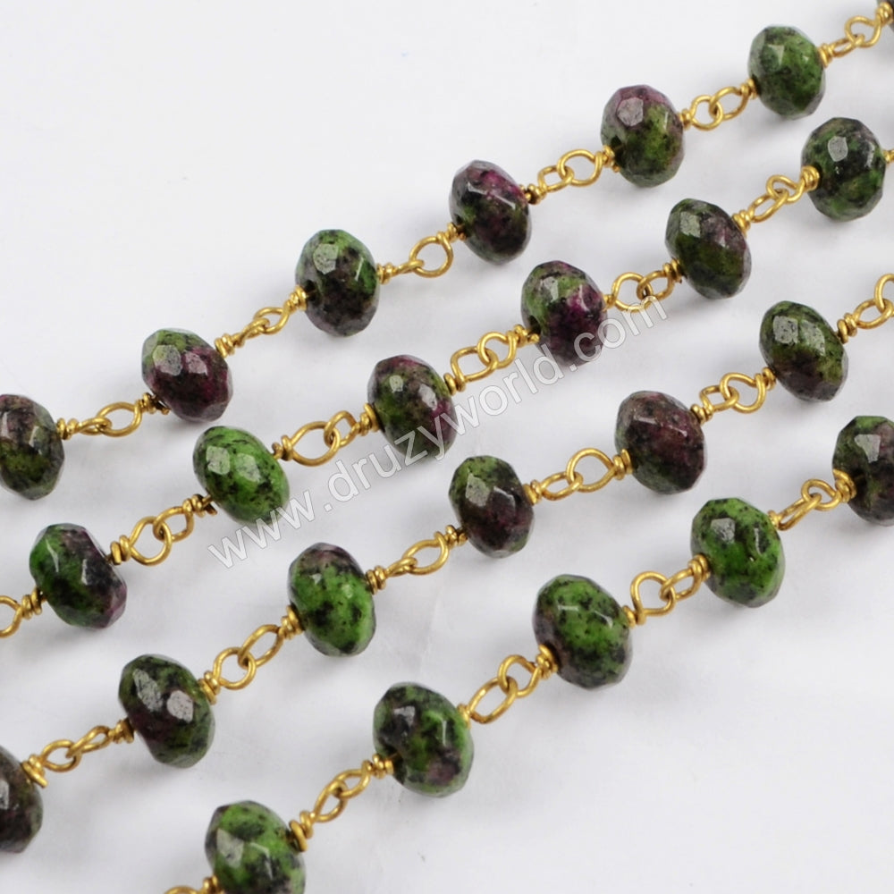 5m/lot,8x5mm Roundel Ruby Zoisite Faceted Beads Wire Wrapped Rosary Chain JT185