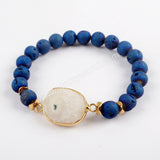 Gold Plated Natural White Solar Quartz Faceted With 8mm Titanium Rainbow Druzy Beads Bracelet G1550