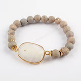 Gold Plated Natural White Solar Quartz Faceted With 8mm Titanium Rainbow Druzy Beads Bracelet G1550