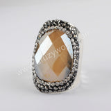 Rhinestone Pave Titanium Rainbow Aura Crystal Quartz Faceted Gold Band Ring JAB972