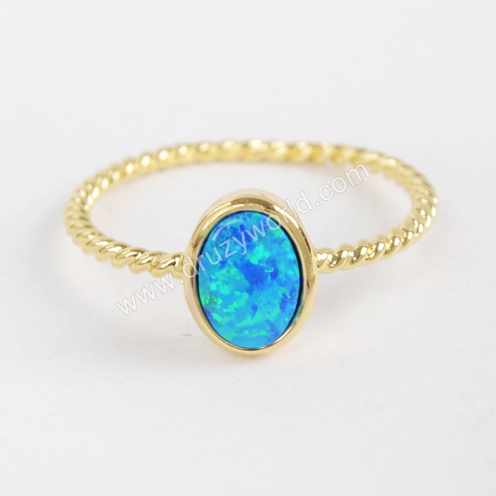 Gold Plated Bezel Oval White Blue Opal Ring ZG0239