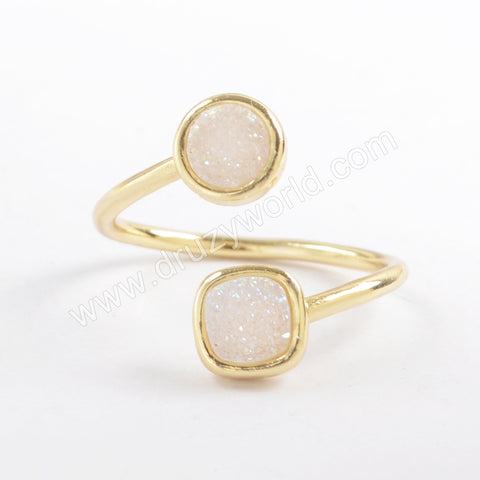 Gold Plated Bezel Round & Square Titanium Rainbow Druzy Ring, Natural Drusy Crystal Jewelry ZG0381