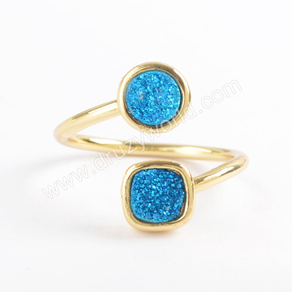 Gold Plated Bezel Round & Square Titanium Rainbow Druzy Ring, Natural Drusy Crystal Jewelry ZG0381