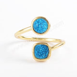 Gold Plated Bezel Round & Square Titanium Rainbow Druzy Ring, Natural Drusy Crystal Jewelry ZG0381