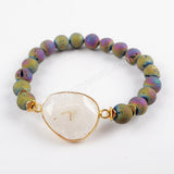 Gold Plated Natural White Solar Quartz Faceted With 8mm Titanium Rainbow Druzy Beads Bracelet G1550