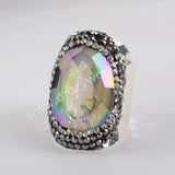 Rhinestone Pave Titanium Rainbow Aura Crystal Quartz Faceted Gold Band Ring JAB972