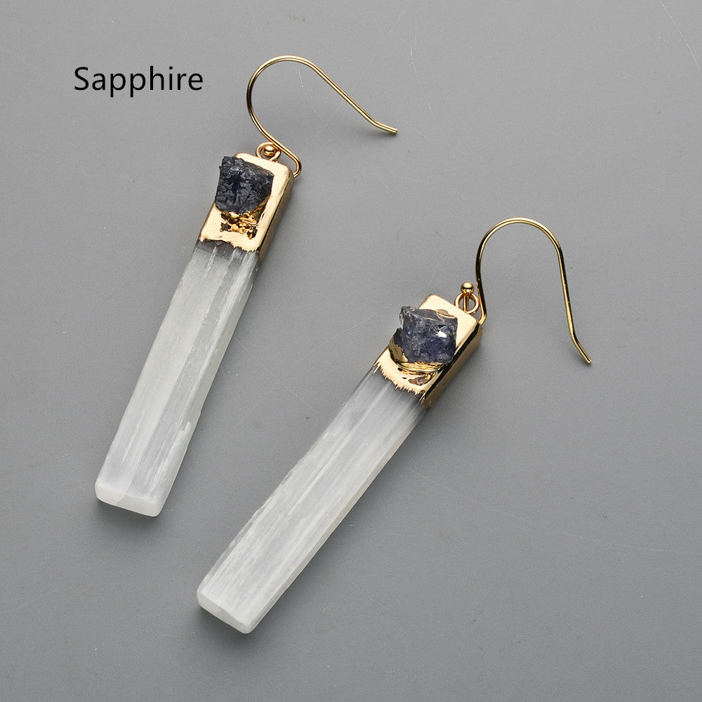 Gold Plated Rectangle Natural Selenite Crystal Earrings, Pave Raw Gemstone Chips, Healing Jewelry, Boho Earrings G2091 Sapphire Earrings