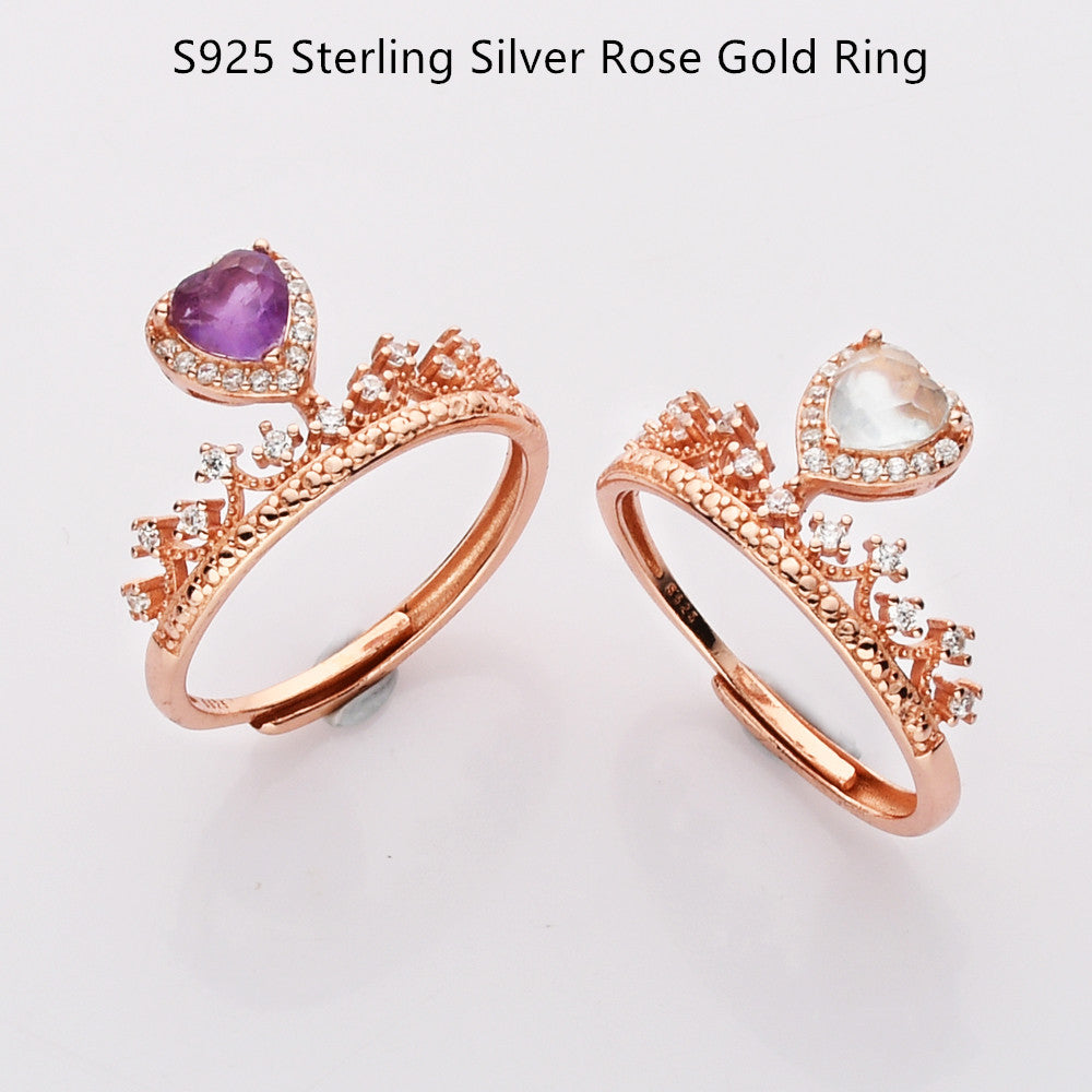 S925 Sterling Silver Rose Gold Dainty Zircon Gemstone Heart Ring, Healing Crystal Amethyst Aquamarine Rose Quartz Moonstone Birthstone Ring Jewelry SS212