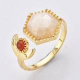 Hexagon Gold Plated Brass Gemstone Faceted Ring, Adjustable Open Ring, Natural Crystal Jewelry WX2195