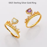 S925 Sterling Silver Gold CZ Crown Gemstone Heart Ring, Healing Crystal Jewelry SS210RG