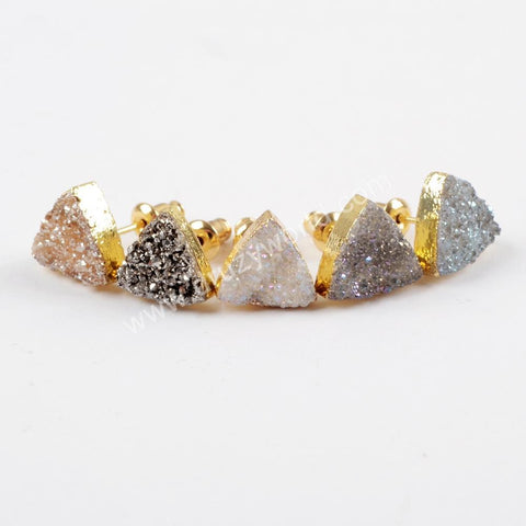 10mm Natural Agate Titanium Druzy Stud Earrings Gold Plated G1530