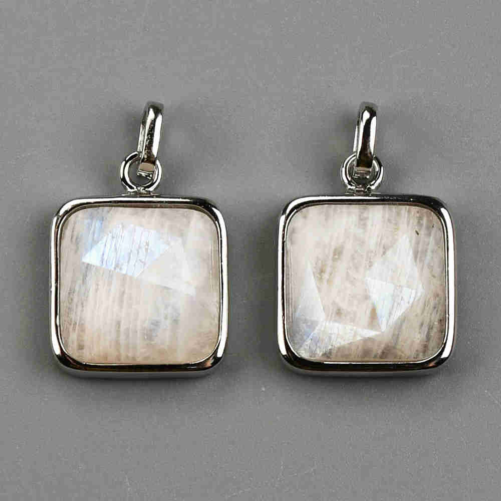 Small Square Silver Bezel Briolette Gemstone Pendant Natural Labradorite Moonstone Copper Turquoise Healing Crystal Pendants Necklace ZS0470