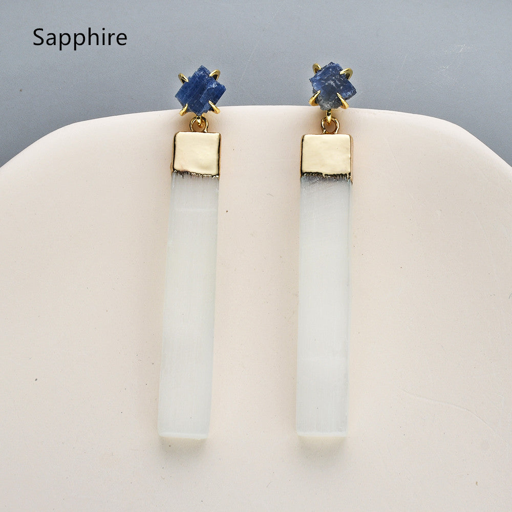 Gold Plated Claw Raw Gemstone Chips & Selenite Bar Stud Earrings, Healing Crystal Stone Jewelry, Boho Earrings ZG0491 Sapphire Earrings