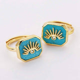 Octagon Gemstone CZ Eye Adjustable Gold Plated Rings, Turquoise Larimar Rhodochrosite Jewelry Ring ZG0462