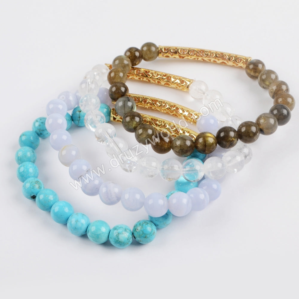 Gold Plated CZ Tube Bar With 8mm Gemstone Beads Bracelet G1475