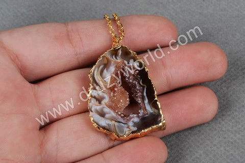 Gold Plated Natural Color Onyx Agate Druzy Geode Slice Pendant G0088