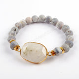 Gold Plated Natural White Solar Quartz Faceted With 8mm Titanium Rainbow Druzy Beads Bracelet G1550