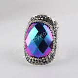 Rhinestone Pave Titanium Rainbow Aura Crystal Quartz Faceted Gold Band Ring JAB972