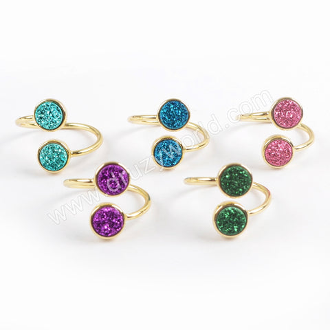 Round Gold Plated Bezel Double Titanium Rainbow Druzy Ring, Adjustable, Drusy Jewelry ZG0364