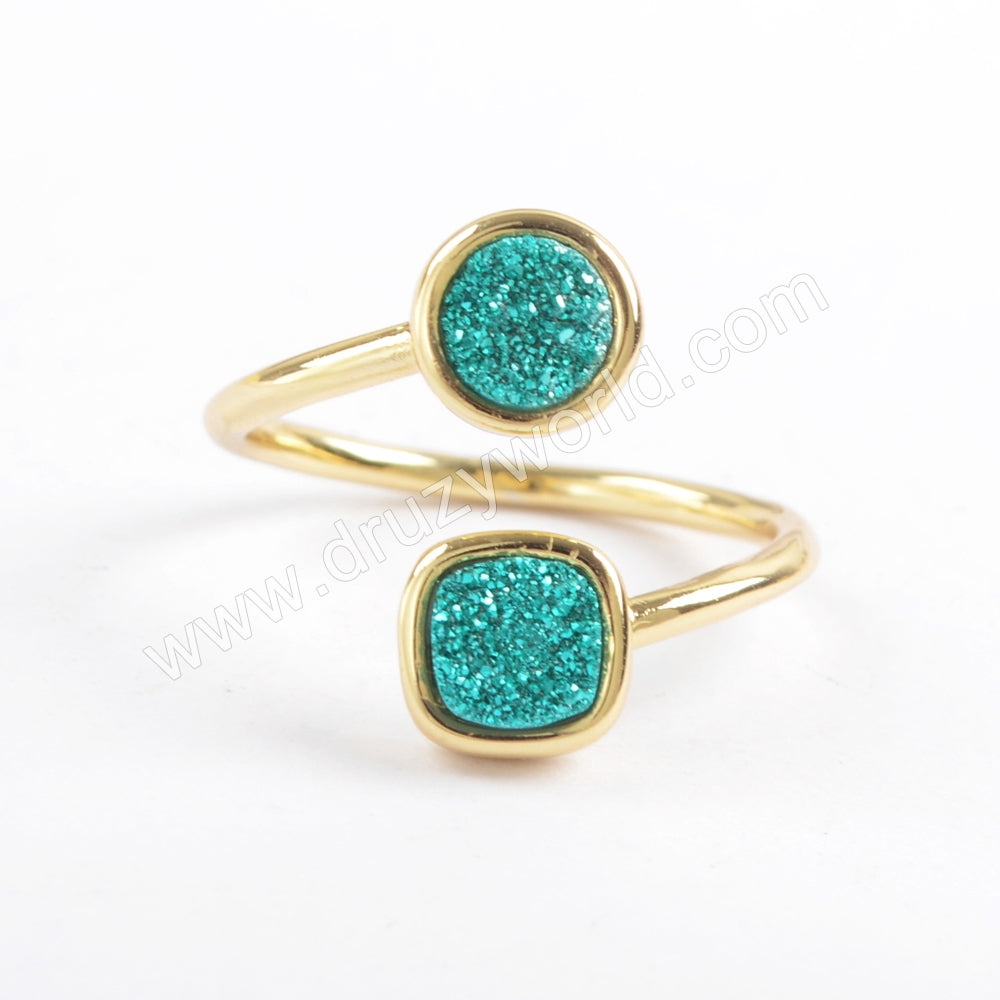 Gold Plated Bezel Round & Square Titanium Rainbow Druzy Ring, Natural Drusy Crystal Jewelry ZG0381