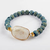 Gold Plated Natural White Solar Quartz Faceted With 8mm Titanium Rainbow Druzy Beads Bracelet G1550