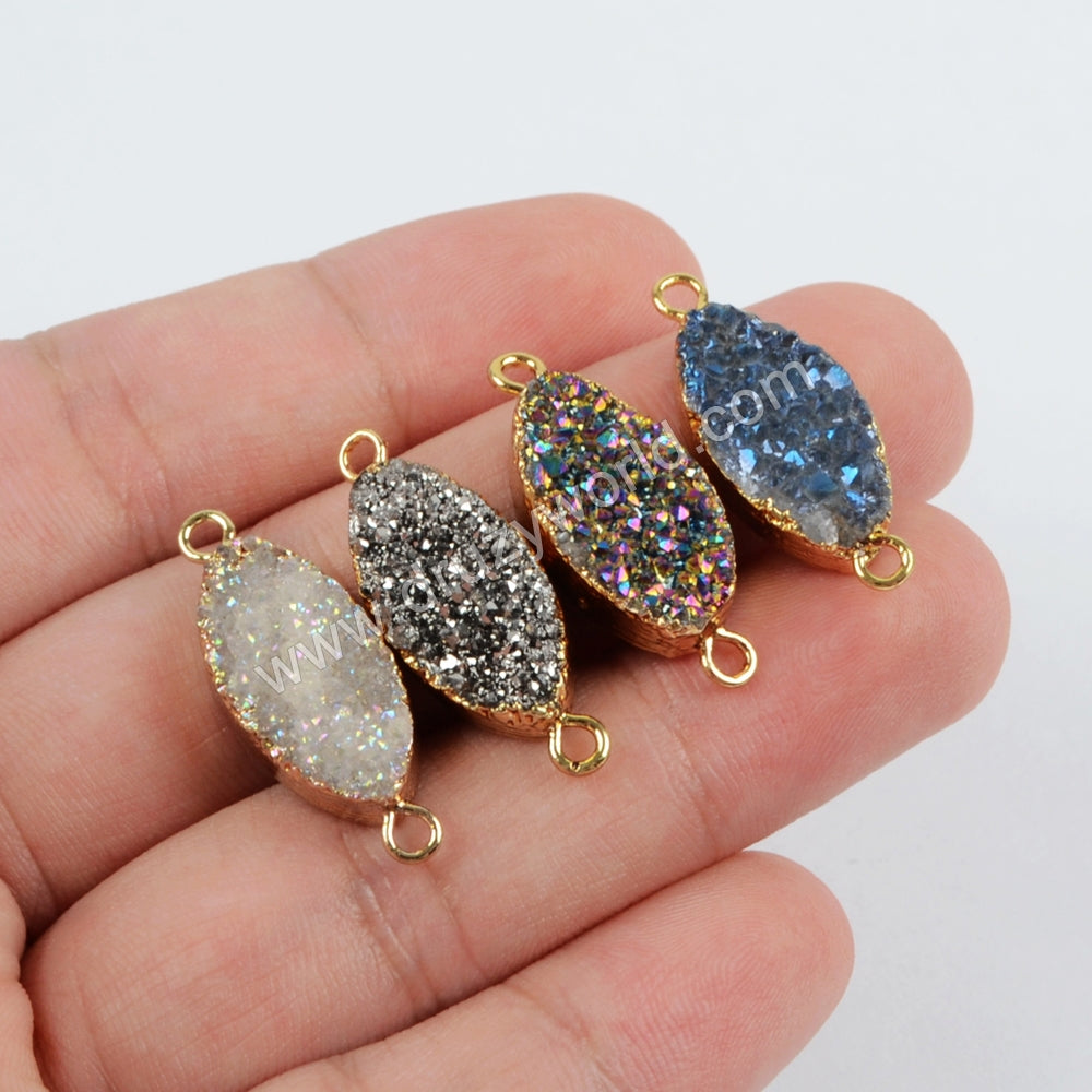 Marquise Shape Titanium AB Druzy Crystal Connector Gold Plated G1375