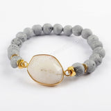 Gold Plated Natural White Solar Quartz Faceted With 8mm Titanium Rainbow Druzy Beads Bracelet G1550